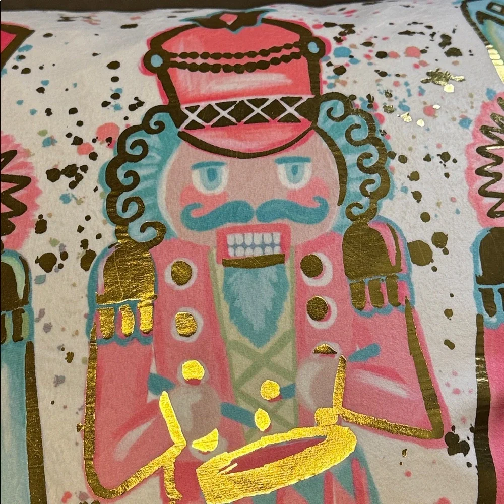 Rachel Brooks Design Gold Foil Nutcracker Pink & Teal 18”x18” Christmas Pillow